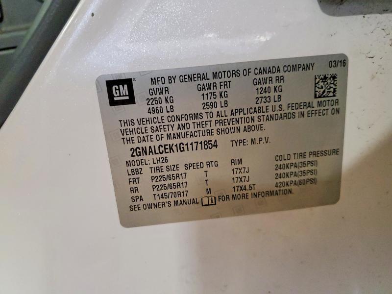 69413126 :رقم المزاد ، 2GNALCEK1G1171854 vin ، 2016 Chevrolet Equinox مزاد بيع