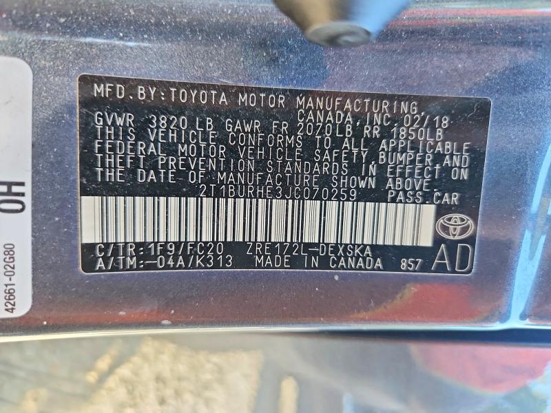 Aukcja sprzedaży 2018 Toyota Corolla, vin: 2T1BURHE3JC070259, numer aukcji: 70562906