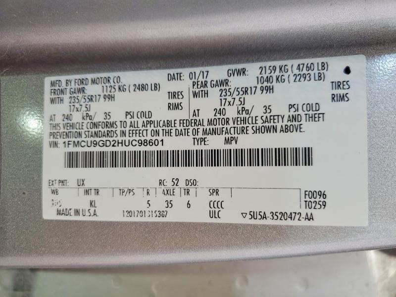 Aukcja sprzedaży 2017 Ford Escape, vin: 1FMCU9GD2HUC98601, numer aukcji: 69308066