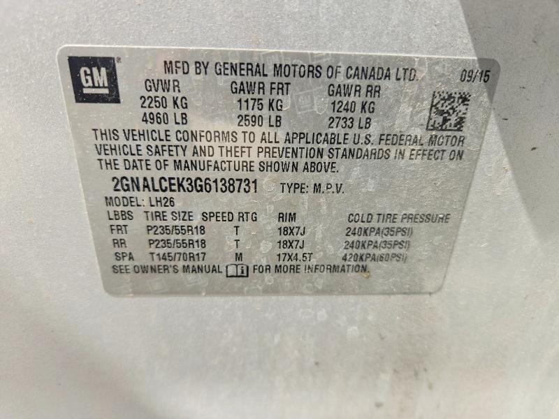2016 Chevrolet Equinox მანქანა იყიდება აუქციონზე, vin: 2GNALCEK3G6138731, აუქციონის ნომერი: 69895596