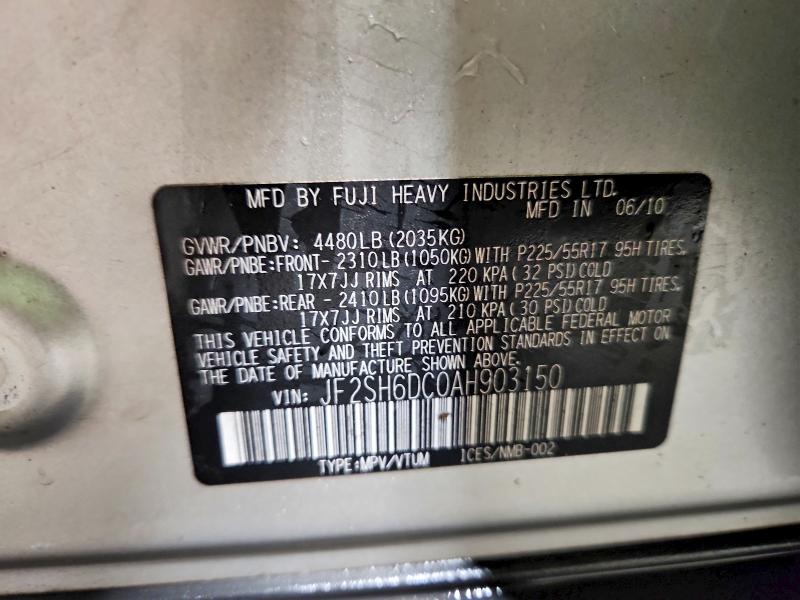 2010 Subaru Forester მანქანა იყიდება აუქციონზე, vin: JF2SH6DC0AH903150, აუქციონის ნომერი: 67461676