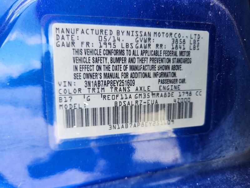 2014 Nissan Sentra მანქანა იყიდება აუქციონზე, vin: 3N1AB7AP8EY251609, აუქციონის ნომერი: 69961336