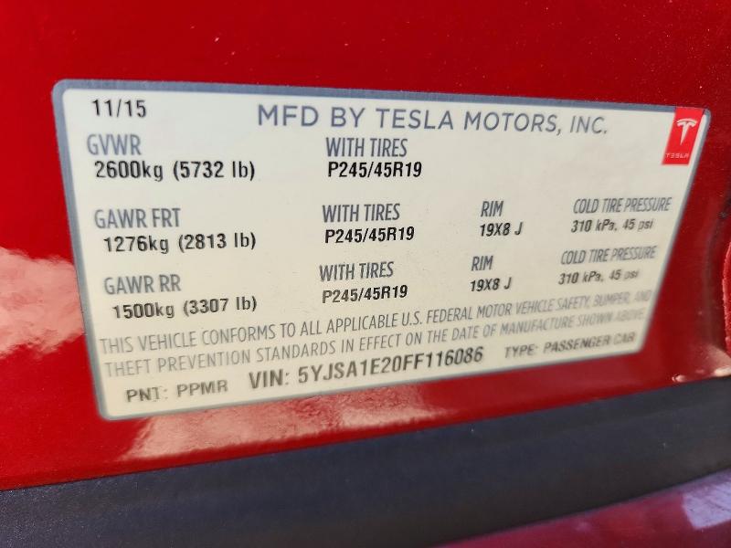 69068866 :رقم المزاد ، 5YJSA1E20FF116086 vin ، 2015 Tesla Model S مزاد بيع
