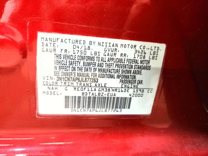 2018 Nissan Versa მანქანა იყიდება აუქციონზე, vin: 3N1CN7AP6JL877263, აუქციონის ნომერი: 71029296