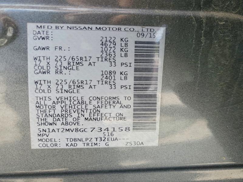 2016 Nissan Rogue მანქანა იყიდება აუქციონზე, vin: 5N1AT2MV8GC734158, აუქციონის ნომერი: 68739896