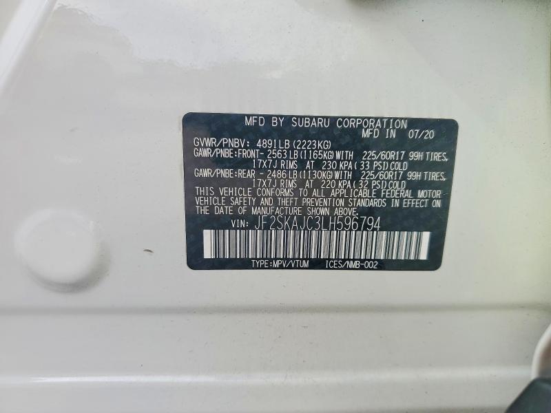 2020 Subaru Forester მანქანა იყიდება აუქციონზე, vin: JF2SKAJC3LH596794, აუქციონის ნომერი: 67524696