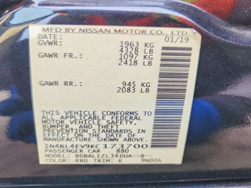 2019 Nissan Altima მანქანა იყიდება აუქციონზე, vin: 1N4BL4EV9KC173700, აუქციონის ნომერი: 67534166
