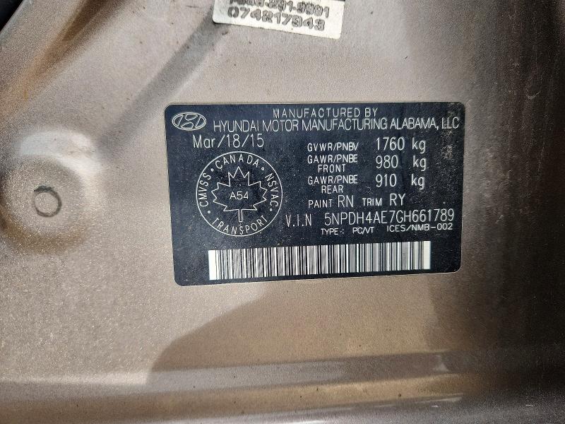 69512356 :رقم المزاد ، 5NPDH4AE7GH661789 vin ، 2016 Hyundai Elantra مزاد بيع