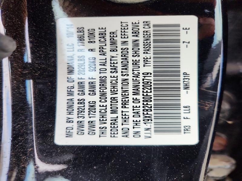 69739846 :رقم المزاد ، 19XFB2F80FE209719 vin ، 2015 Honda Civic مزاد بيع