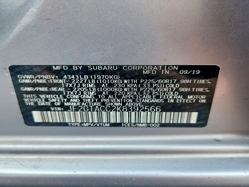Aukcja sprzedaży 2019 Subaru Crosstrek, vin: JF2GTACC2K8392566, numer aukcji: 66605516