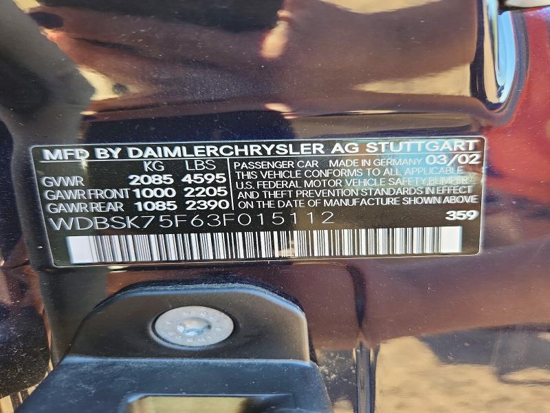 2003 Mercedes-benz Sl მანქანა იყიდება აუქციონზე, vin: WDBSK75F63F015112, აუქციონის ნომერი: 69871666