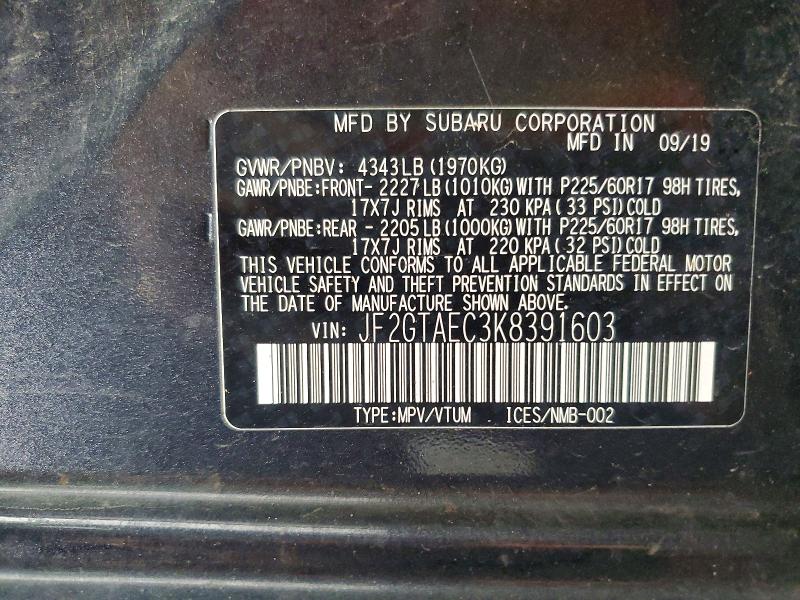 2019 Subaru Crosstrek მანქანა იყიდება აუქციონზე, vin: JF2GTAEC3K8391603, აუქციონის ნომერი: 68427096
