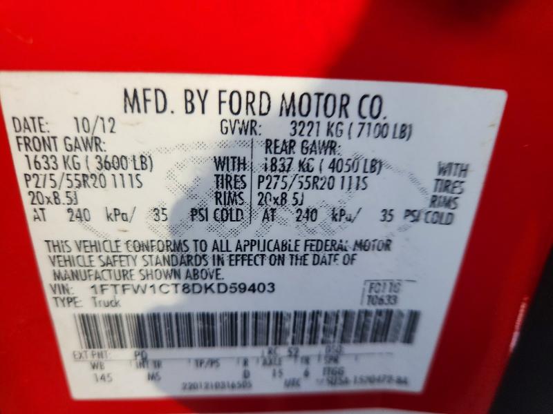 67261886 :رقم المزاد ، 1FTFW1CT8DKD59403 vin ، 2013 Ford F150 مزاد بيع
