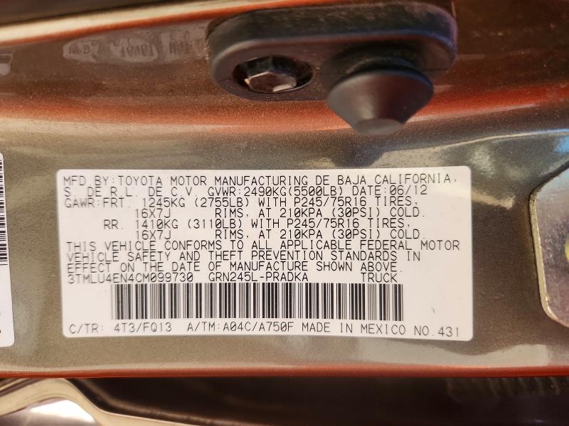 70054826 :رقم المزاد ، 3TMLU4EN4CM099730 vin ، 2012 Toyota Tacoma مزاد بيع