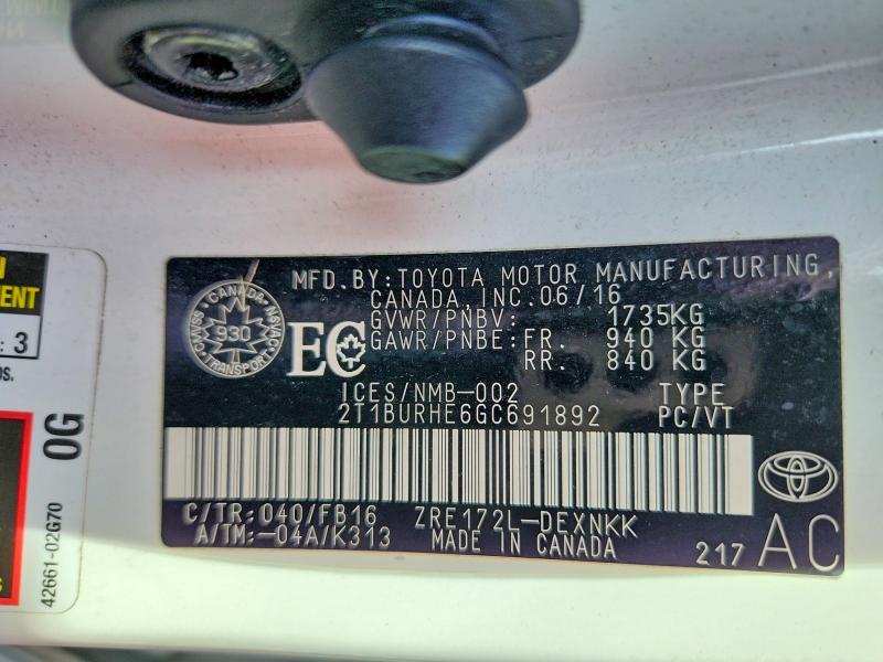 Aukcja sprzedaży 2016 Toyota Corolla, vin: 2T1BURHE6GC691892, numer aukcji: 66753206