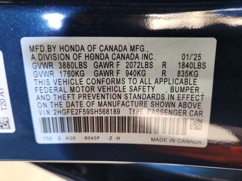 Продажа на аукционе авто 2025 Honda Civic, vin: 2HGFE2F59SH568189, номер лота: 67922916
