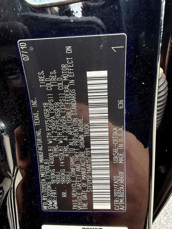 70855446 :رقم المزاد ، 5TFUY5F14AX157191 vin ، 2010 Toyota Tundra مزاد بيع