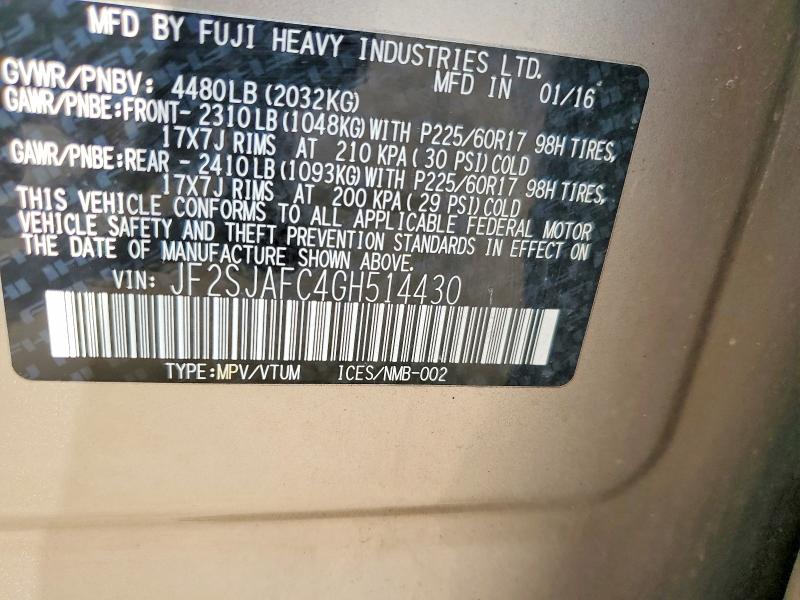 Aukcja sprzedaży 2016 Subaru Forester, vin: JF2SJAFC4GH514430, numer aukcji: 67348076