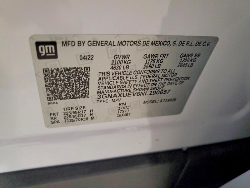 Продаж на аукціоні авто 2022 Chevrolet Equinox, vin: 3GNAXUEV6NL190657, номер лоту: 67358136