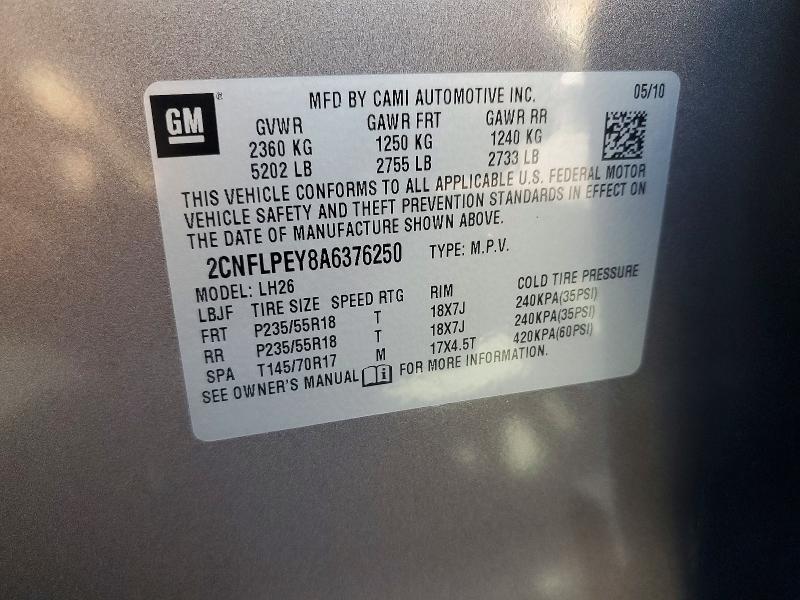 69615936 :رقم المزاد ، 2CNFLPEY8A6376250 vin ، 2010 Chevrolet Equinox مزاد بيع