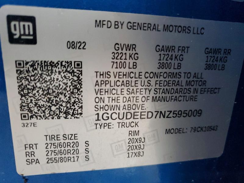 2022 Chevrolet Silverado მანქანა იყიდება აუქციონზე, vin: 1GCUDEED7NZ595009, აუქციონის ნომერი: 68545946