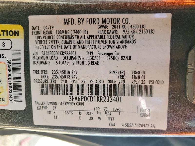 Продаж на аукціоні авто 2019 Ford Fusion, vin: 3FA6P0CD1KR233401, номер лоту: 67294916