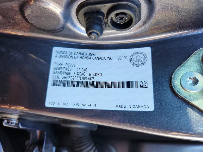 2020 Honda Civic მანქანა იყიდება აუქციონზე, vin: 2HGFC2F77LH018675, აუქციონის ნომერი: 67633946