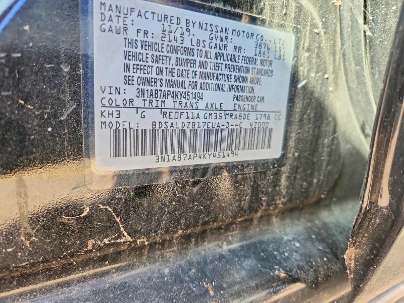 70812216 :رقم المزاد ، 3N1AB7AP4KY451494 vin ، 2019 Nissan Sentra مزاد بيع