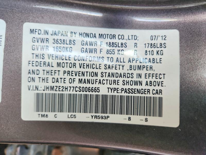 Продаж на аукціоні авто 2012 Honda Insight, vin: JHMZE2H77CS006665, номер лоту: 70607876