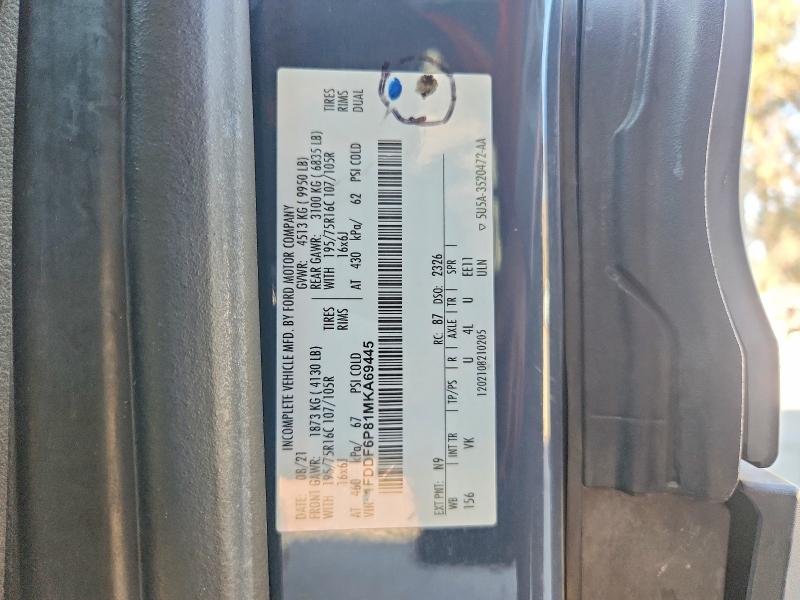 Aukcja sprzedaży 2021 Ford Transit, vin: 1FDDF6P81MKA69445, numer aukcji: 67793156