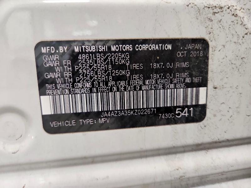 69109926 :رقم المزاد ، JA4AZ3A35KZ022671 vin ، 2019 Mitsubishi Outlander مزاد بيع