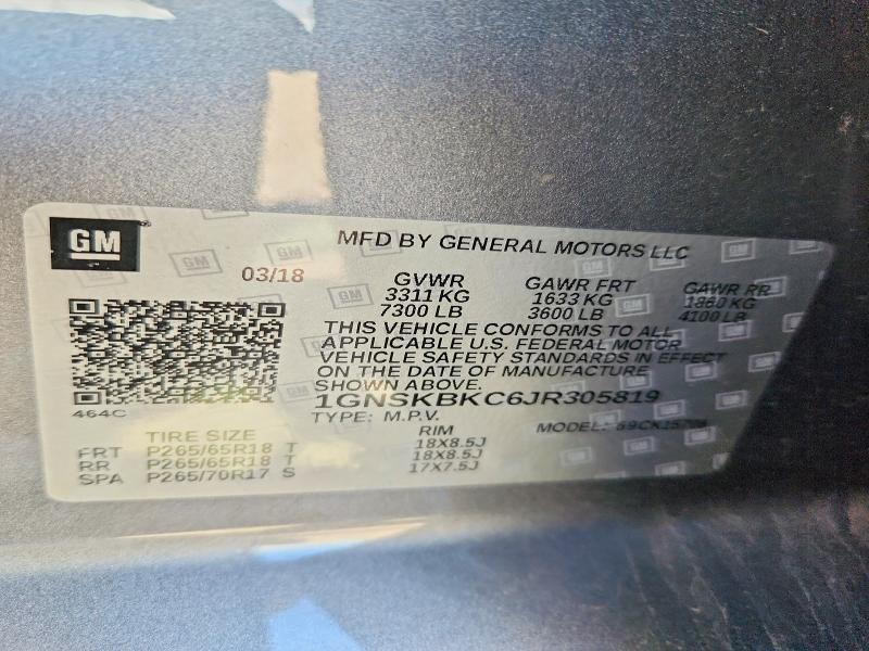 Aukcja sprzedaży 2018 Chevrolet Tahoe, vin: 1GNSKBKC6JR305819, numer aukcji: 68052046