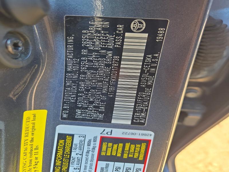 2012 Toyota Camry მანქანა იყიდება აუქციონზე, vin: 4T1BF1FKXCU178738, აუქციონის ნომერი: 70849726