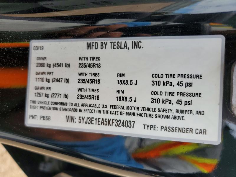 Aukcja sprzedaży 2019 Tesla Model 3, vin: 5YJ3E1EA5KF324037, numer aukcji: 69125036