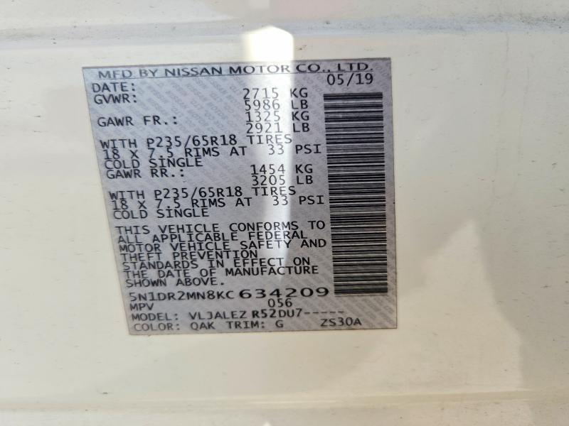Aukcja sprzedaży 2019 Nissan Pathfinder, vin: 5N1DR2MN8KC634209, numer aukcji: 67821276