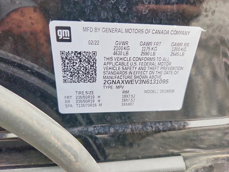 70110056 :رقم المزاد ، 2GNAXWEV3N6131095 vin ، 2022 Chevrolet Equinox مزاد بيع