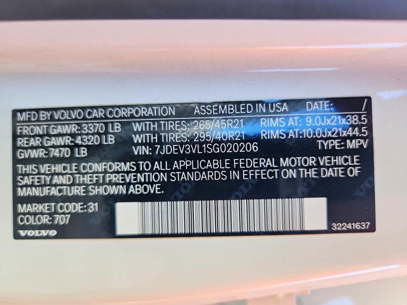 Aukcja sprzedaży 2025 Volvo Ex90, vin: 7JDEV3VL1SG020206, numer aukcji: 68225776