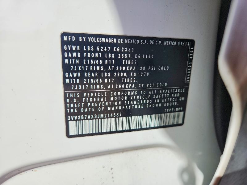 Aukcja sprzedaży 2018 Volkswagen Tiguan, vin: 3VV3B7AX3JM214587, numer aukcji: 68186306