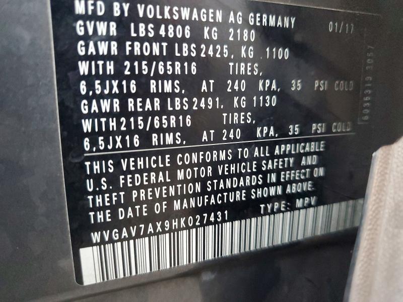 68829326 :رقم المزاد ، WVGAV7AX9HK027431 vin ، 2017 Volkswagen Tiguan مزاد بيع