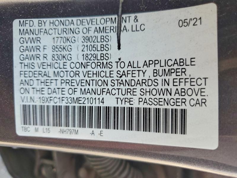 66461856 :رقم المزاد ، 19XFC1F33ME210114 vin ، 2021 Honda Civic مزاد بيع