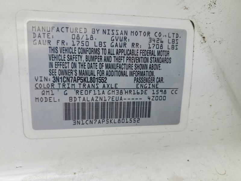 Aukcja sprzedaży 2019 Nissan Versa, vin: 3N1CN7AP5KL801552, numer aukcji: 68617316