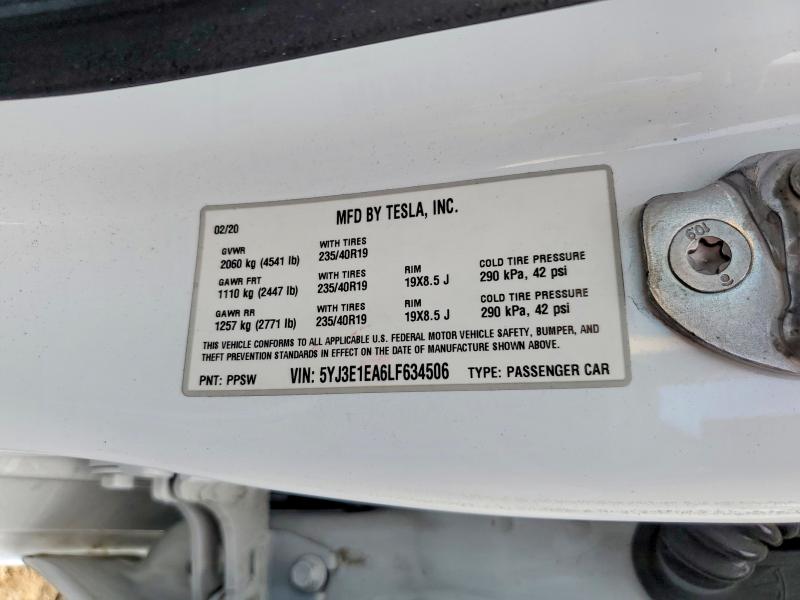 2020 Tesla Model 3 მანქანა იყიდება აუქციონზე, vin: 5YJ3E1EA6LF634506, აუქციონის ნომერი: 67381046