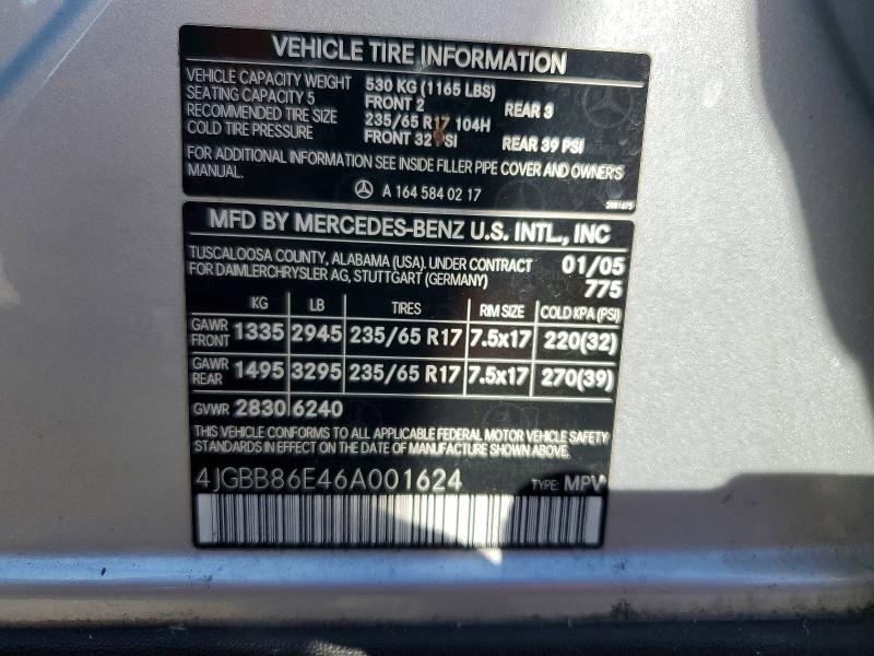 Aukcja sprzedaży 2006 Mercedes-benz Ml, vin: 4JGBB86E46A001624, numer aukcji: 68326556