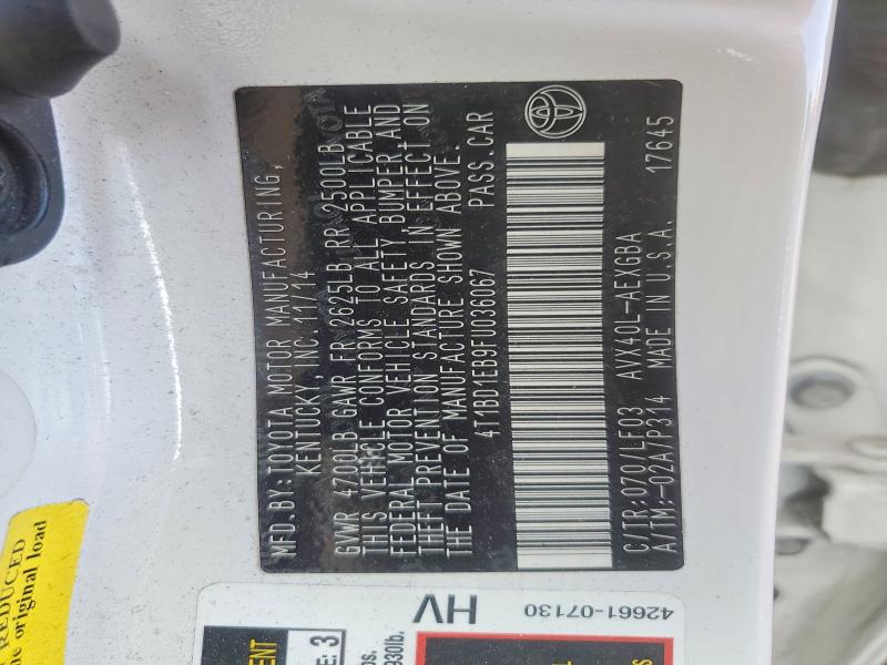 66092526 :رقم المزاد ، 4T1BD1EB9FU036067 vin ، 2015 Toyota Avalon Hybrid مزاد بيع
