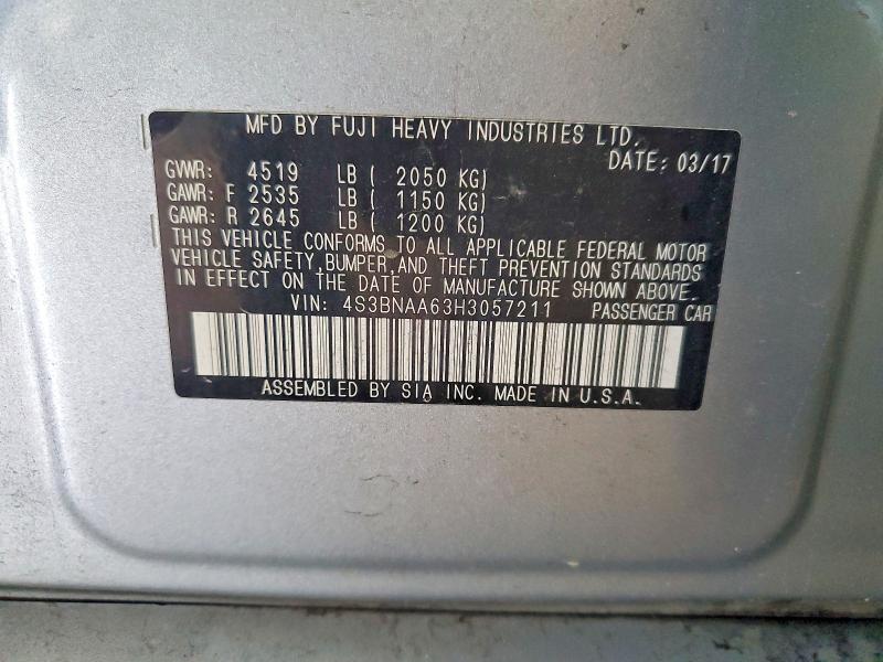 2017 Subaru Legacy მანქანა იყიდება აუქციონზე, vin: 4S3BNAA63H3057211, აუქციონის ნომერი: 68398406