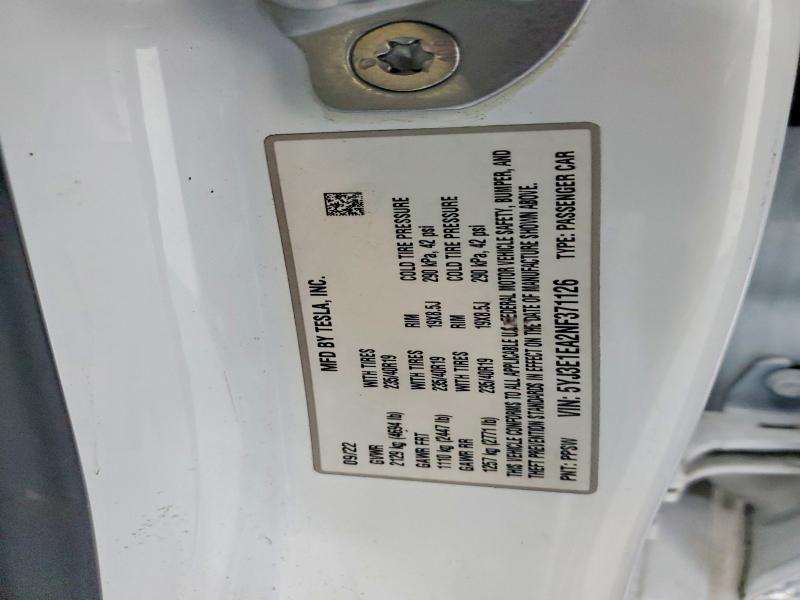 68101936 :رقم المزاد ، 5YJ3E1EA2NF371126 vin ، 2022 Tesla Model 3 مزاد بيع