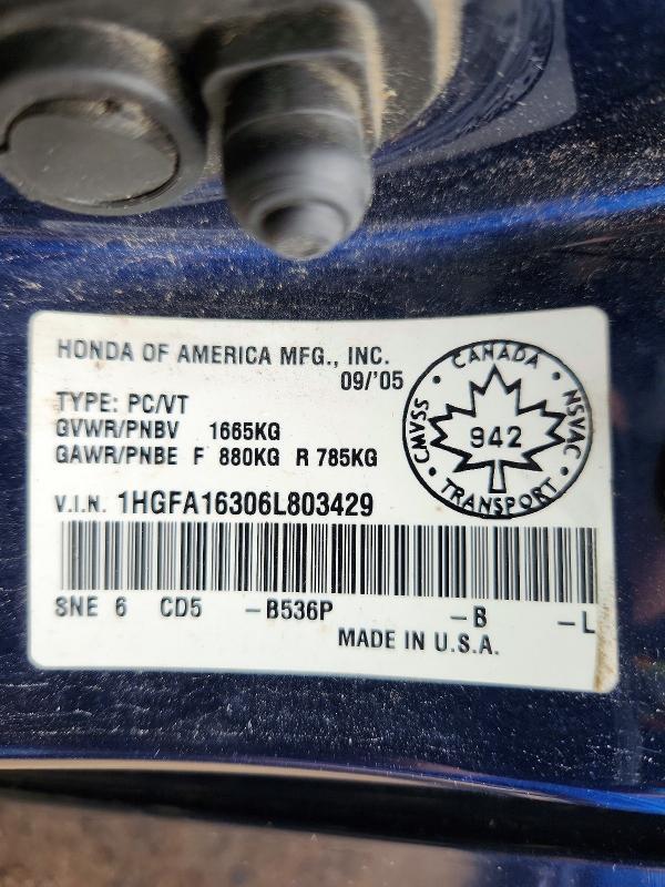 2006 Honda Civic მანქანა იყიდება აუქციონზე, vin: 1HGFA16306L803429, აუქციონის ნომერი: 67899806