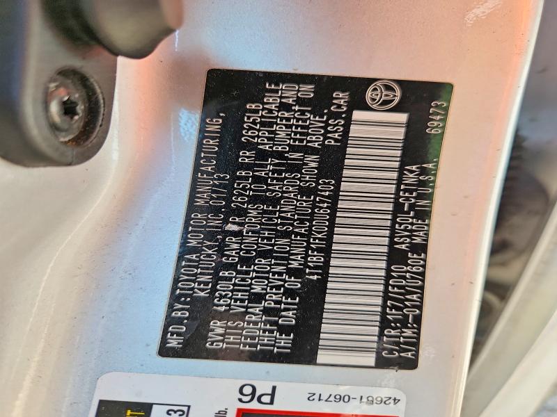 2013 Toyota Camry მანქანა იყიდება აუქციონზე, vin: 4T1BF1FK0DU647403, აუქციონის ნომერი: 67336516
