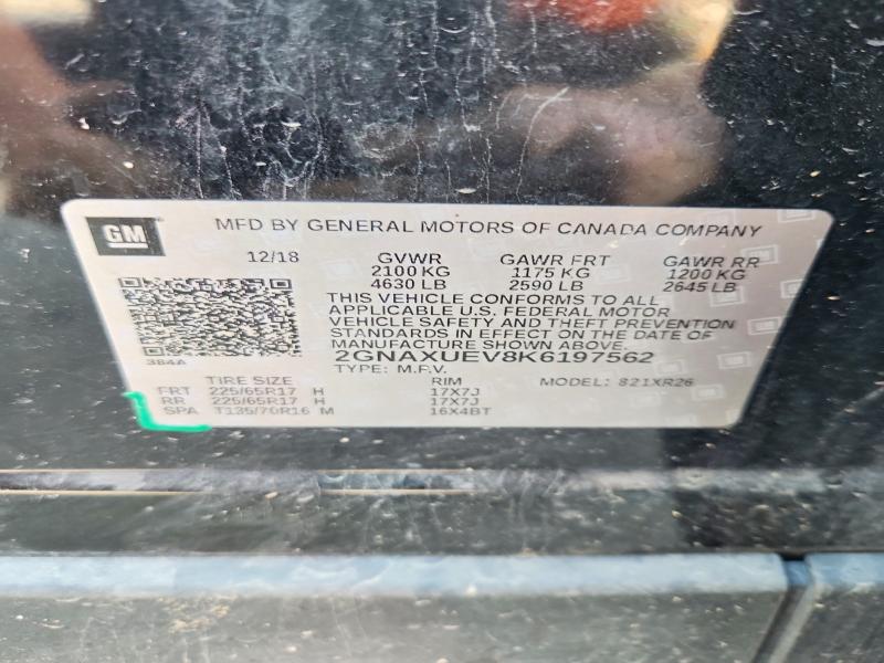68804526 :رقم المزاد ، 2GNAXUEV8K6197562 vin ، 2019 Chevrolet Equinox مزاد بيع