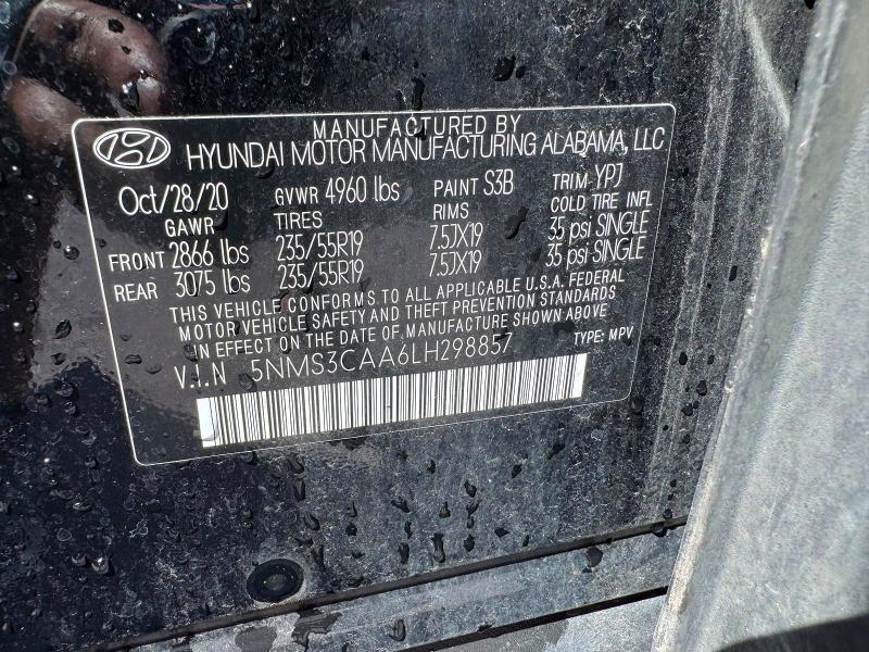 2020 Hyundai Santa Fe მანქანა იყიდება აუქციონზე, vin: 5NMS3CAA6LH298857, აუქციონის ნომერი: 70108216